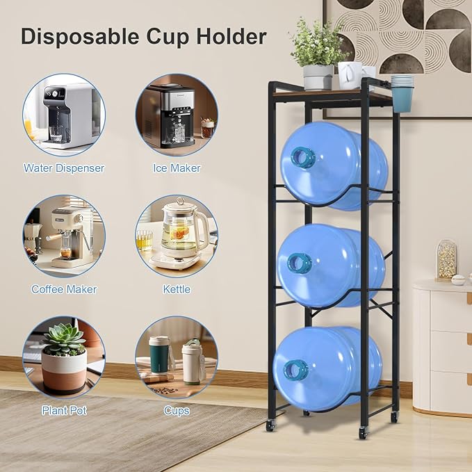 NEYCIL 5 Gallon Water Jug Holder, Heavy Duty Water Jug Stand with Lockable Wheels, 3-Tier Water Jug Rack With Wooden Tabletop for Home, Office, Kitchen, Restaurant