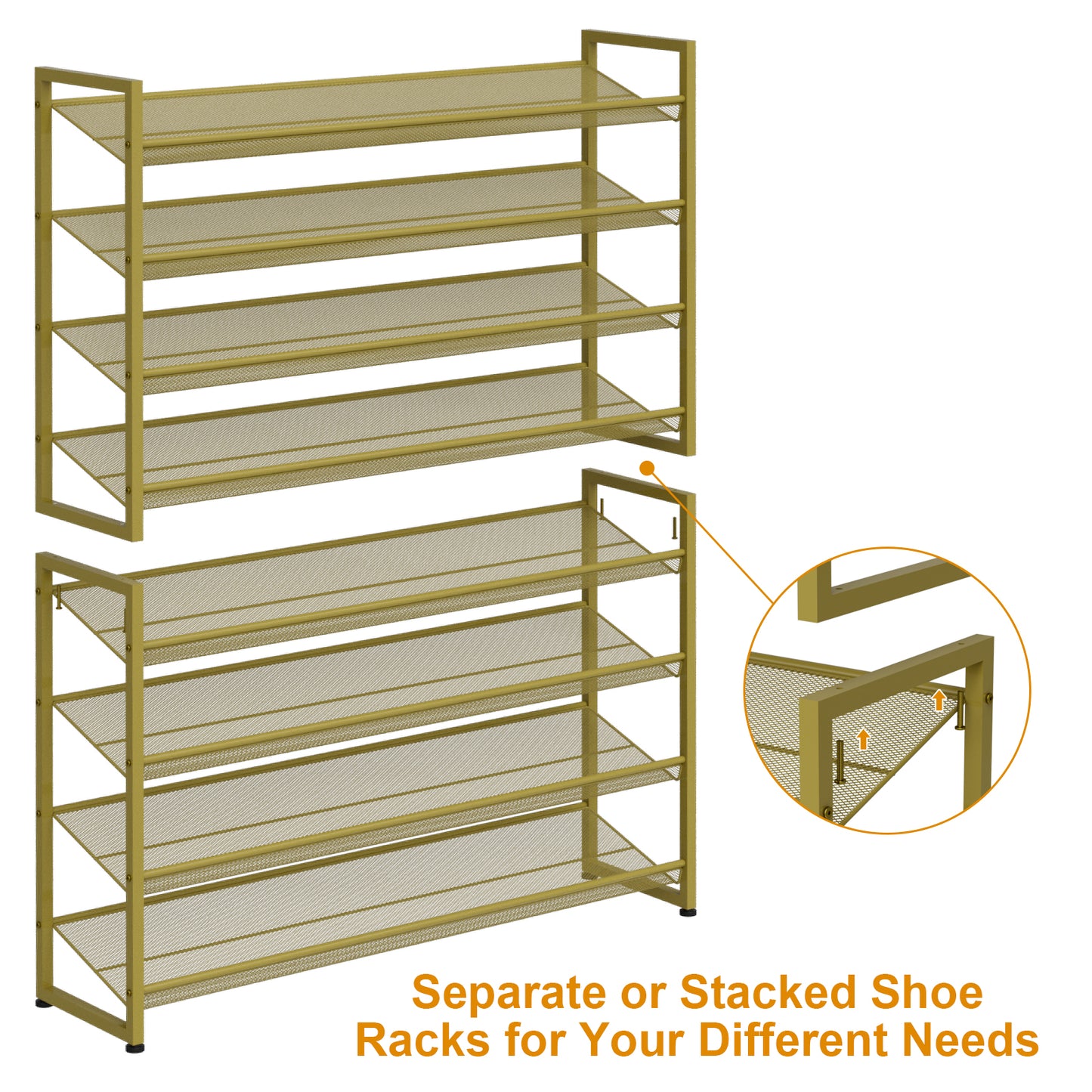 Large Shoe Rack 8 Tier Shoe Organizer, Heavy Duty Metal 4-Tier Stackable Shoe Storage Vertical Shoe Rack for Closet Front Door Entrance, Up to 50 Pairs, 44.8" W x 11.4" D x 56.7" H, Gold