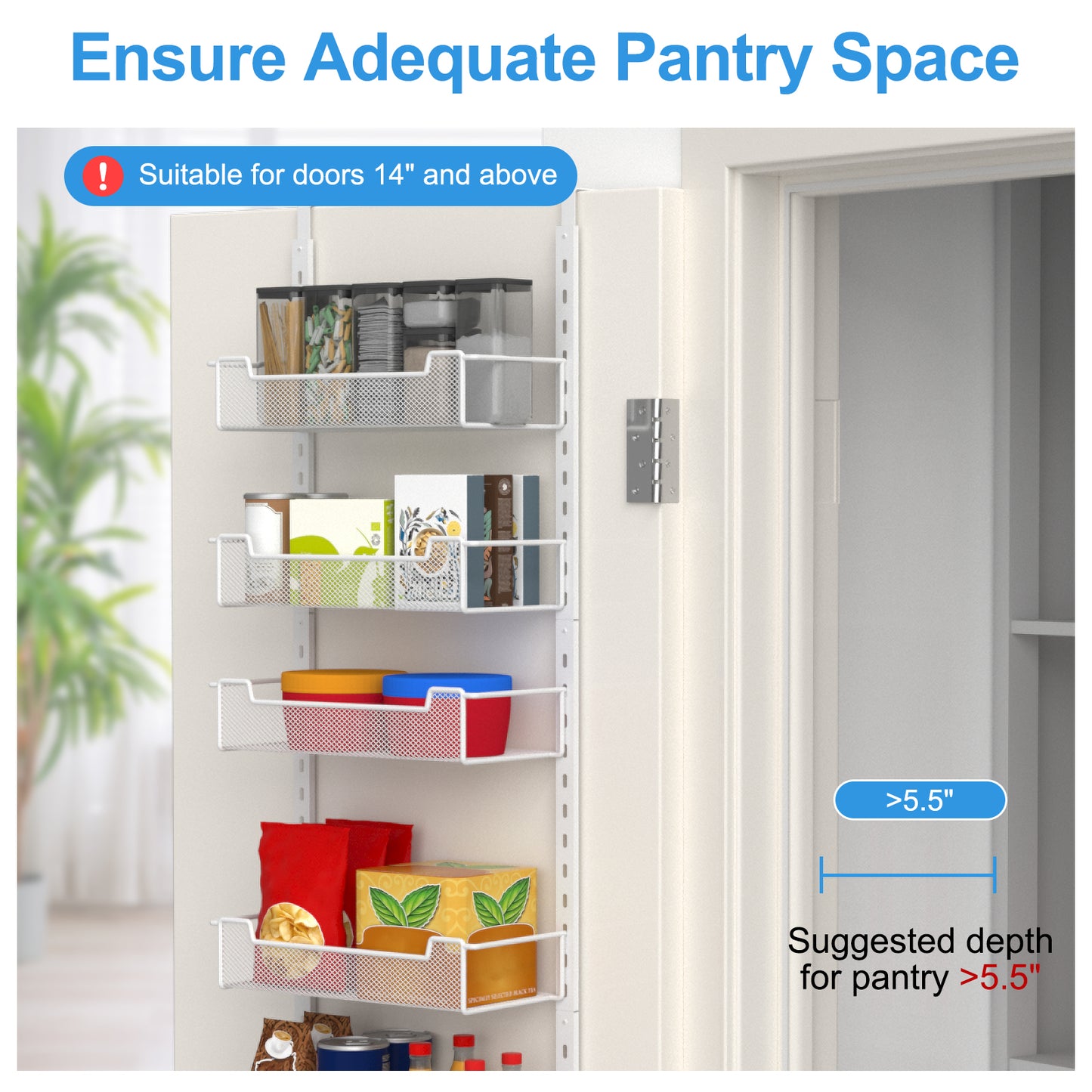 VyGrow 12.3" W Narrow Over the Door Pantry Organizer, 6-Tier Over the Door Organizer with Adjustable Basket, Pantry Door Organization for Pantry Kitchen Storage Room Spice Rack, White