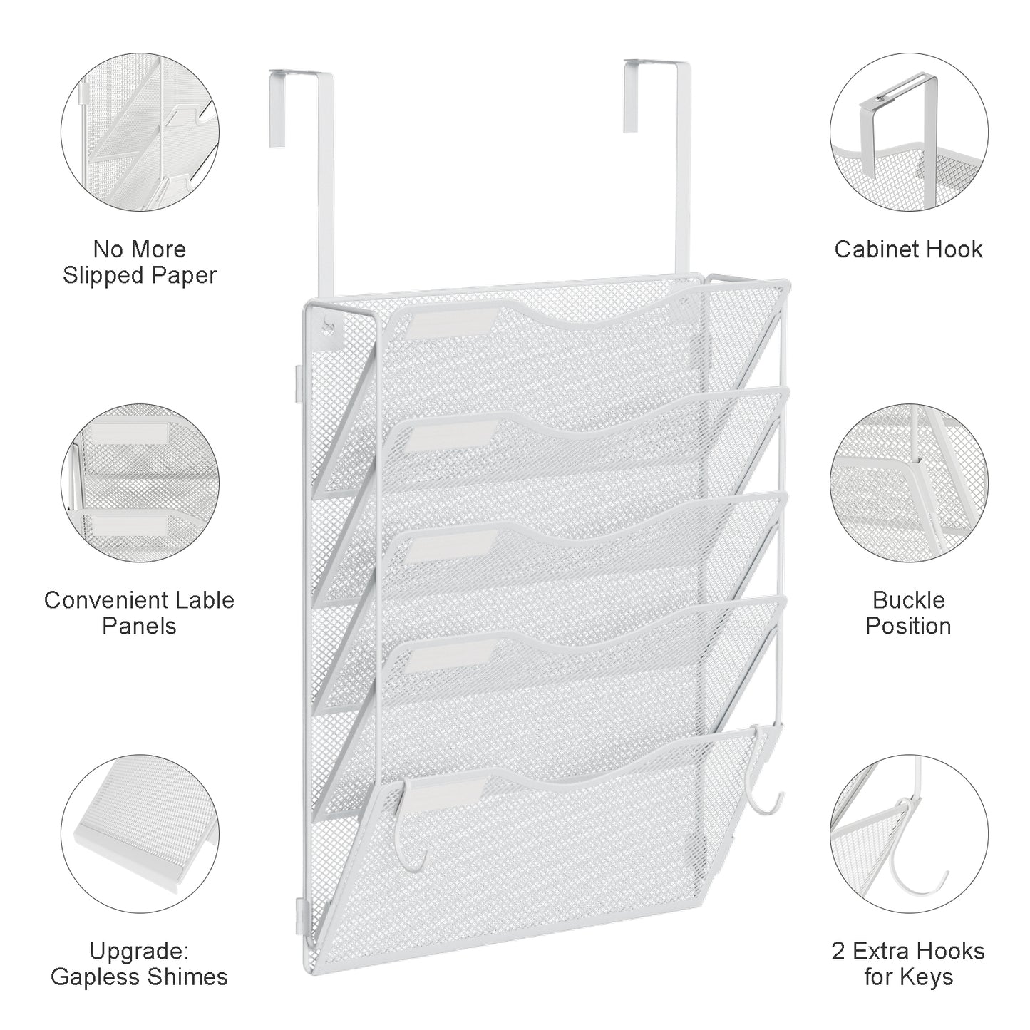 Wall File Organizer, Hanging File Folder Organizer, Vertical Mesh Metal Door/Wall Mount Hanging File Holder. Paper Document Magazine Rack with Hooks for Home Office Black (5 Pockets White)