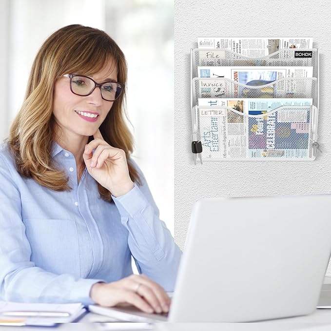 BOHDK Wall File Organizer, 3 Tire Hanging File Folder Mail Organizer, Vertical Mesh Metal Door/Wall Mount Hanging File Organizer, Paper Document Magazine Rack with Hooks for Home Office White