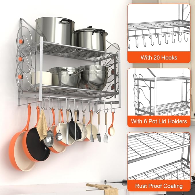 VyGrow 28 Inch Pot Rack Wall Mounted, 2 Tier Pots and Pans Organizer with 20 Hooks and 6 Pot Lid Holders, Heavy Duty Steel Pot and Pan Hanger for Kitchen Cookware Utensils Storage, Silver
