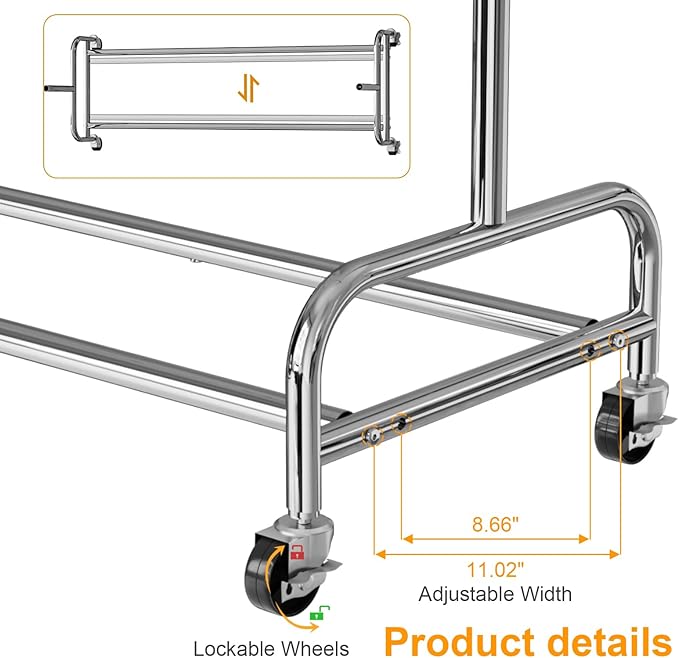 NEYCIL Standard Clothing Garment Rack with Wheels, 47.05" to 65.94" Adjustable Chrome Clothes Rack for Hanging Clothes, Portable Rolling Clothing Rack with Lockable Casters for Bedroom, Laundry Room