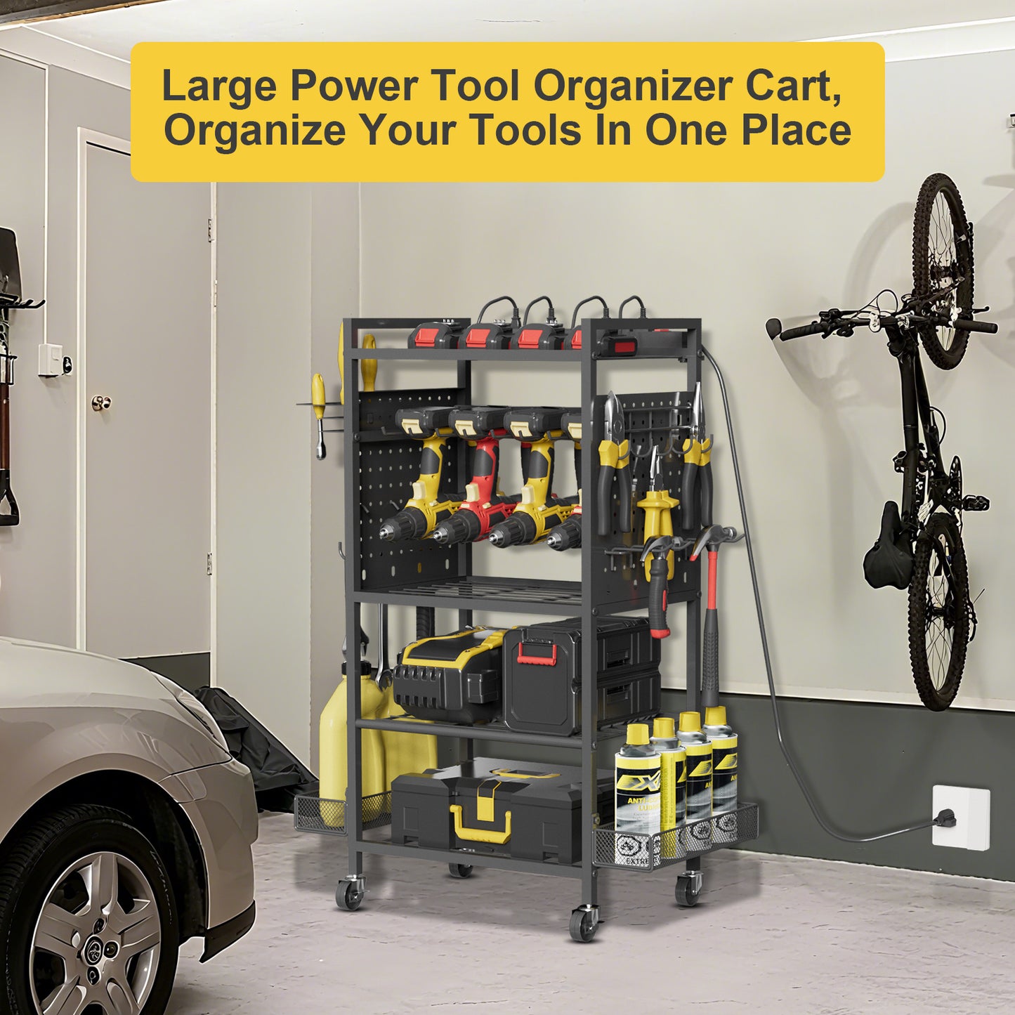 Power Tool Organizer Cart with Charging Station, Heavy Duty Garage Tool Organizer Rolling Tool Battery Storage (Black, 4.9FT Cord)