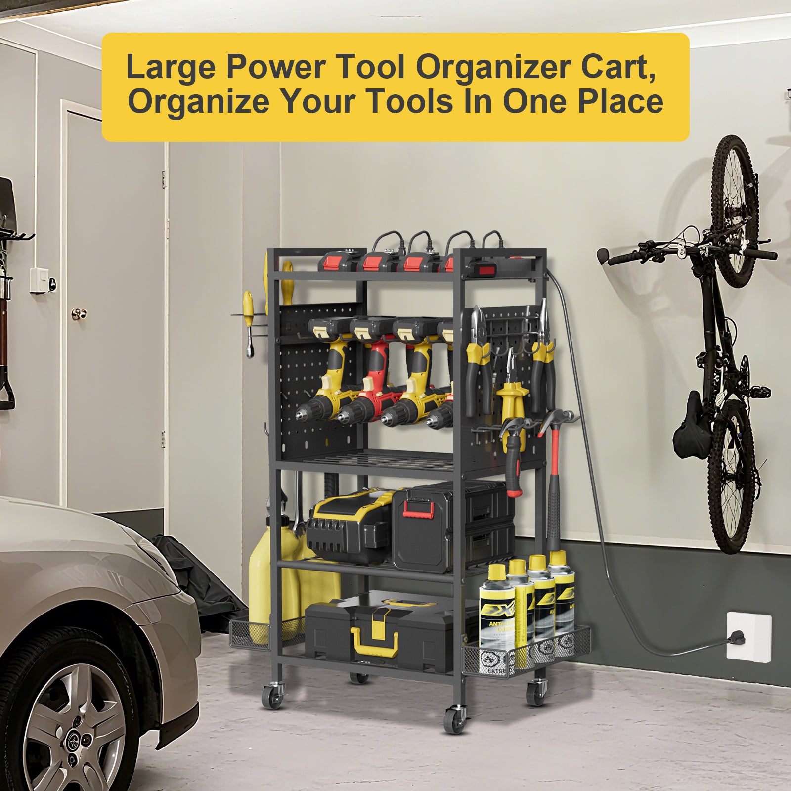 Power Tool Organizer Cart with Charging Station, Heavy Duty Garage Tool Organizer Rolling Tool Battery Storage (Black, 4.9FT Cord)