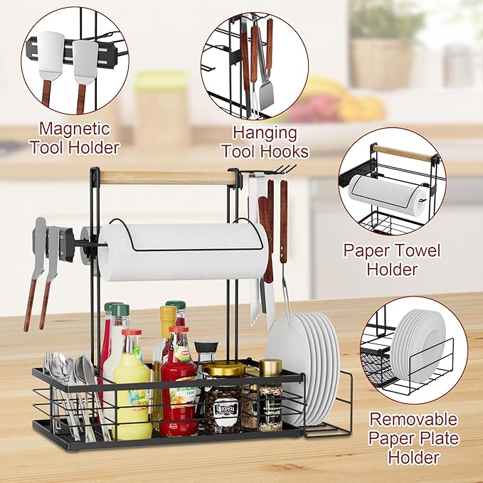 NEYCIL Grill Caddy with Magnetic Tool & Paper Towel Holders, Picnic Utensil Condiment Caddy, Barbecue Grill Tool Organizer for Outdoor Camping, Cooking, Camper