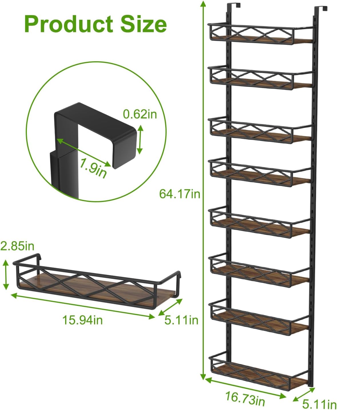 VyGrow Over The Door Pantry Organizer, 8-Tier Wood & Metal Over The Door Organizer with Adjustable Basket, Hanging Spice Rack, Door Organization and Storage for Kitchen Pantry Door Cabinet, Black