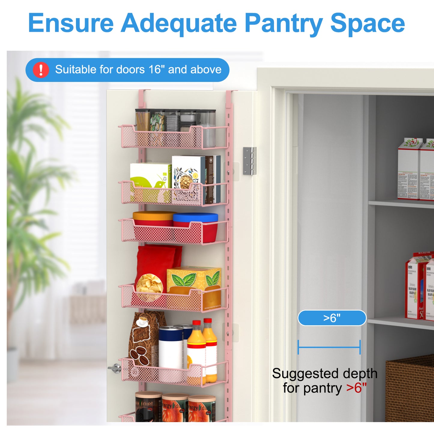 VyGrow 12.3" W Narrow Over the Door Pantry Organizer, 8-Tier Over the Door Organizer with Adjustable Basket, Pantry Door Organization for Pantry Kitchen Storage Room Spice Rack, Pink