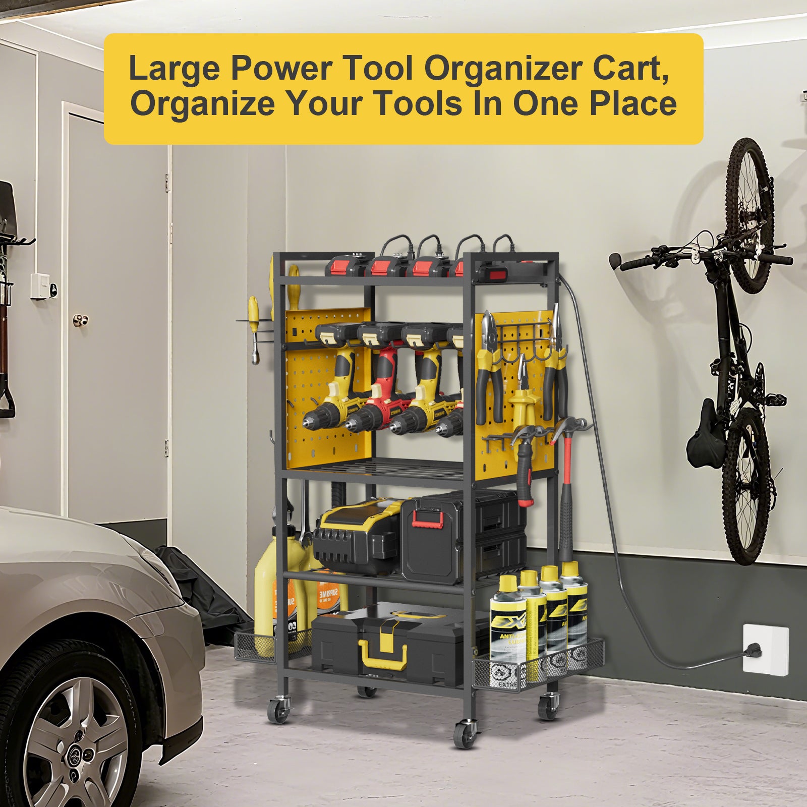 Power Tool Organizer Cart with Charging Station, Heavy Duty Garage Tool Organizer Rolling Tool Battery Storage with 8-Outlet Power Strip, 4 Wheels, 2 Hanging Baskets, Hooks, Drill Bit Holder, Yellow