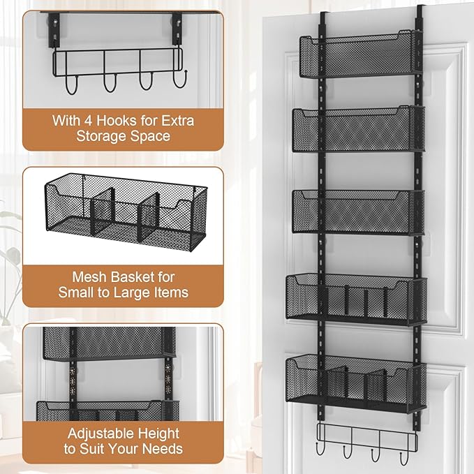VyGrow Over The Door Organizer, Metal Door Organizer Hanging with 5 Adjustable Baskets and Coat Hook, Behind The Door Storage for Bedroom Closet Bathroom Pantry Cabinet Kitchen, Black