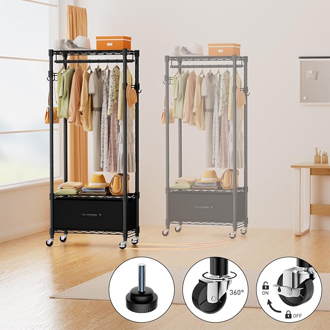 VyGrow Clothes Rack, Clothing Rack for Hanging Clothes, 3 Tiers Adjustable Closet Organizer System with Drawer | Hanging Rod | Side Hooks | Load 445lbs | 23" L x 13.1" W x 78.7" H | Black