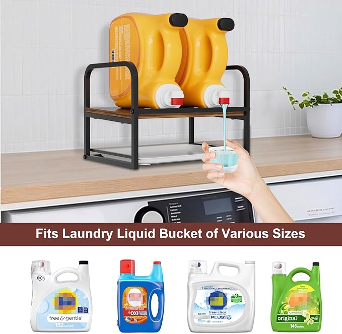 NEYCIL Laundry Detergent Holder, Wooden Laundry Detergent Holder Stand, Metal Laundry Liquid Detergent Organizer with Drip Tray for Laundry Room Organization and Storage, Black
