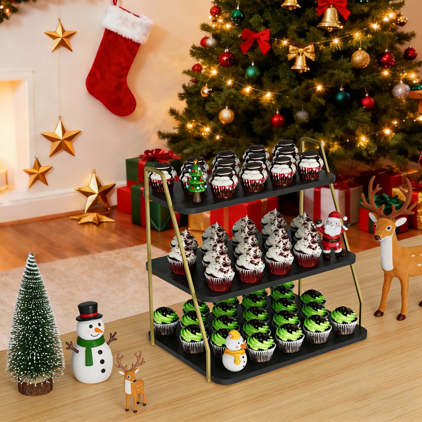 VyGrow Cupcake Stand, 3-Tier Dessert Stand for 55 Cupcakes, Wood & Metal Tower Display Premium Holder Dessert Tree Tower for Christmas Birthday Weddings Party Decor, Serving Tray (Black & Gold)