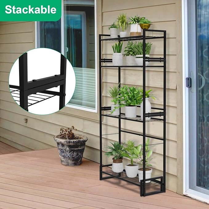 VyGrow Plant Stand, 4 Tier Stackable Tiered Plant Stand, Scalable Heavy Duty Tall Plant Shelf for Indoor Outdoor, Garden, Display Shelves, Flower Pot Holder, Blacken, Display Shelves, Flower Pot Holder, Black