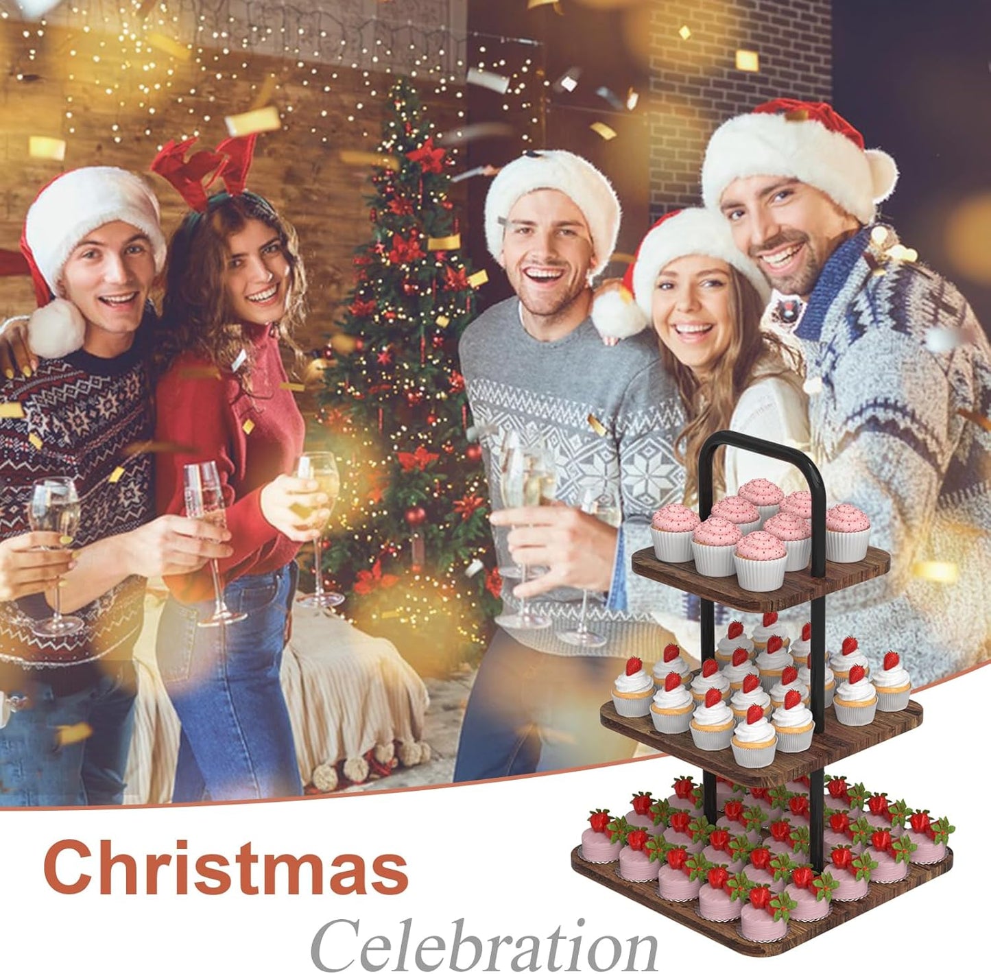VyGrow Cupcake Stand 3-Tier Dessert Stand for 50 Cupcakes, Wood & Metal Tower Display Premium Holder Dessert Tree Tower for Christmas Birthday Weddings Party Decor, Serving Tray, Wood Brown