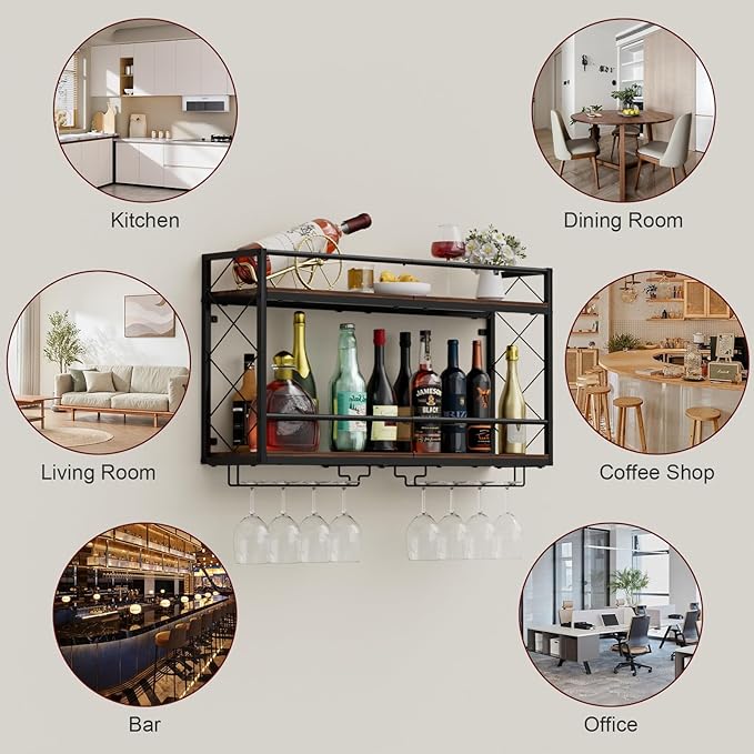 NEYCIL Wine Rack Wall Mounted 2 Tier Wall Wine Rack with Glass Holder, Double Layer Anti-Drop Crossbar, 31.5" Metal Wood Wall Mount Wine Holder for Home Kitchen Dining Room Coffee Shop Bar, Black