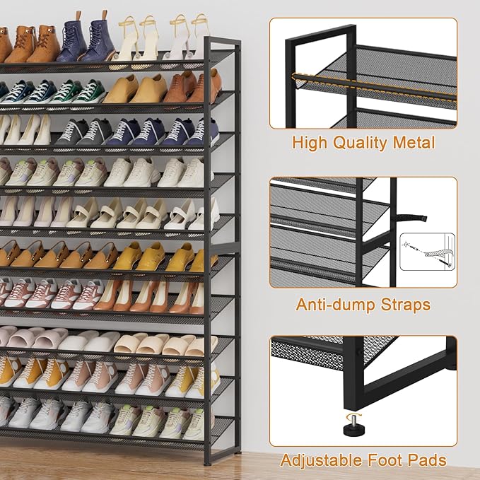 NEYCIL Large Shoe Rack 10 Tier Shoe Organizer, Heavy Duty Metal 5-Tier Stackable Shoe Storage Vertical Shoe Rack for Closet Front Door Entrance, Up to 62 Pairs, 44.8" W x 11.4" D x 71.2" H, Black