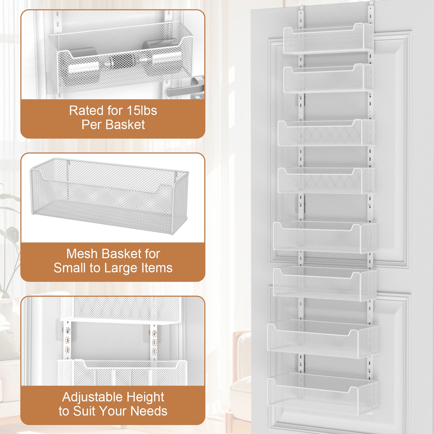 VyGrow Over The Door Organizer, 8-tier Metal Door Organizer Hanging with Adjustable Baskets, Behind The Door Storage for Bedroom Closet Bathroom Pantry Cabinet Kitchen, White