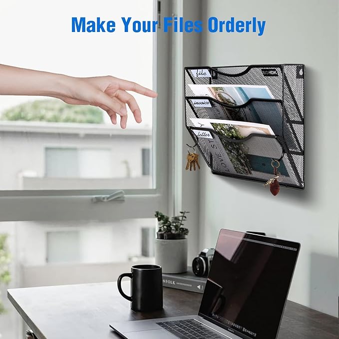 BOHDK Wall File Organizer, 3 Tire Hanging File Folder Mail Organizer, Vertical Mesh Metal Door/Wall Mount Hanging File Holder, Paper Document Magazine Rack with Hooks for Home Office Black