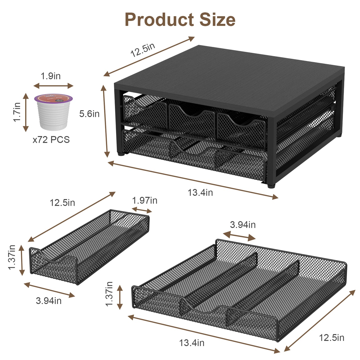 NEYCIL Coffee Pod Holder For Counter, 3 Pull-Out 72 K-Cup Holder Drawer, Wooden Cafe Pods Storage Organizer with Sliding Drawers for Coffee Station, Home, Kitchen, Office, Dorm, Black