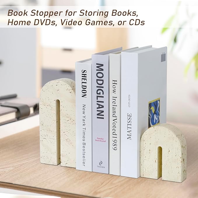 Book Ends for Shelves, Heavy Duty Decorative Bookends, Retro Arch Book Holder for Heavy Books, Imitation Travertine Book Stopper for Home Decor, Study, Bookshelf, Desktop, Set of Two