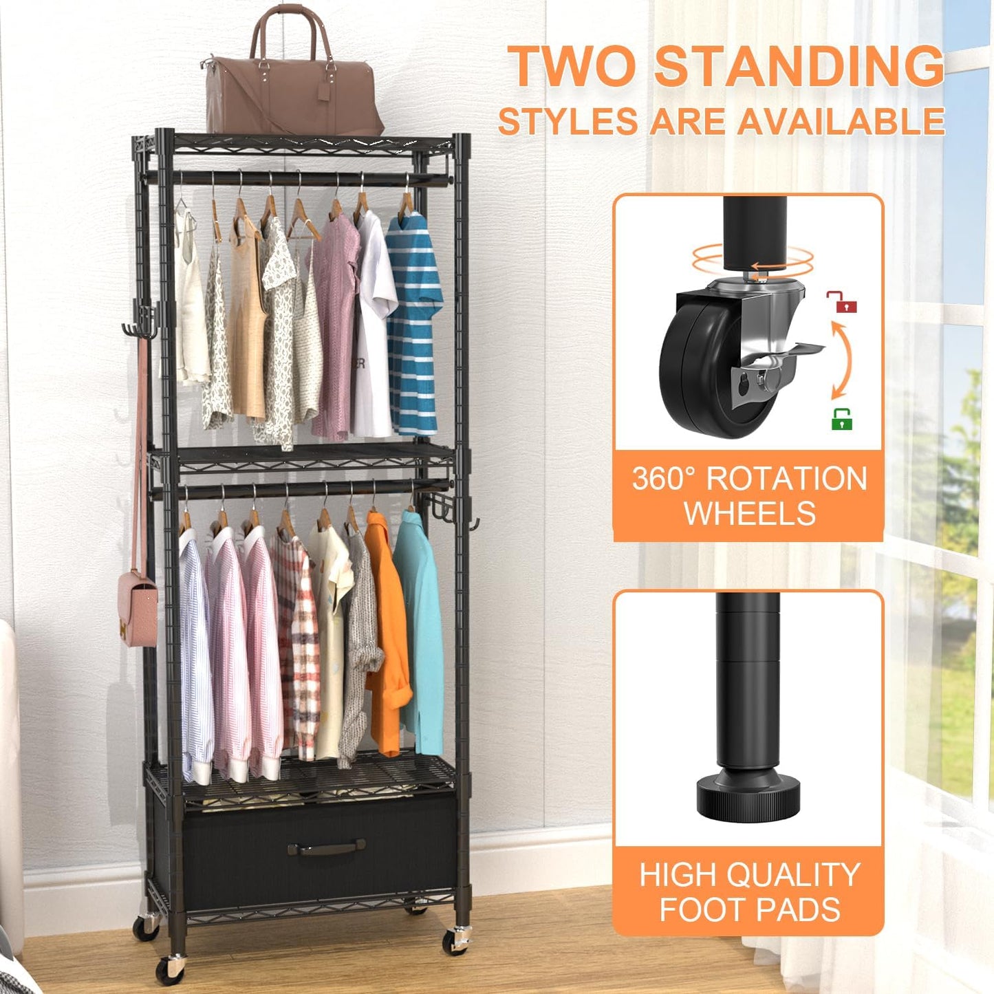 VyGrow Clothes Rack, Clothing Rack for Hanging Clothes, Kids Clothes Rack, 4 Tiers Adjustable Closet Organizer with Drawer | Double Rods | Side Hooks | Load 445lbs | ‎13.18" D x 23" W x 78.74" H