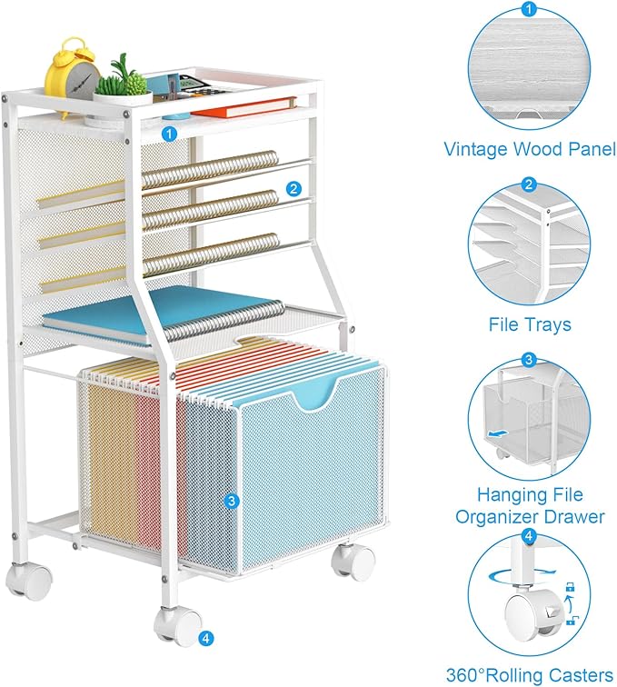 BOHDK Rolling File Cart, 6-Tier Desk File Organizer on Lockable Wheels, White Wood Planks & Mesh Sliding Hanging Folder Drawer, Organization Cart for Office Home School