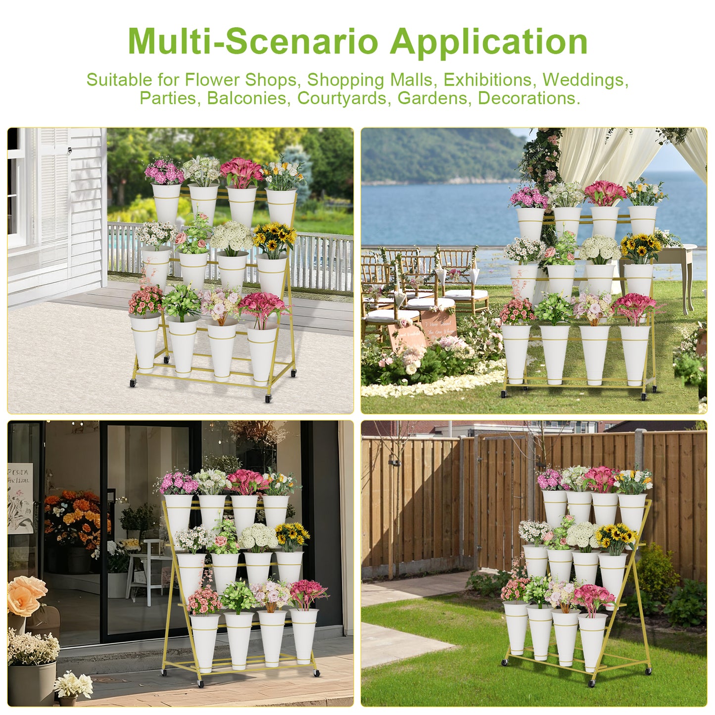 Flower Stand, 3 Tier Flower Display Stand with 12 Buckets, Upgrade Double Circle No Shaking, Outdoor Flower Cart with Wheels for Patio, Garden, Shop, Wedding, Party, Exhibition, Indoor, Gold