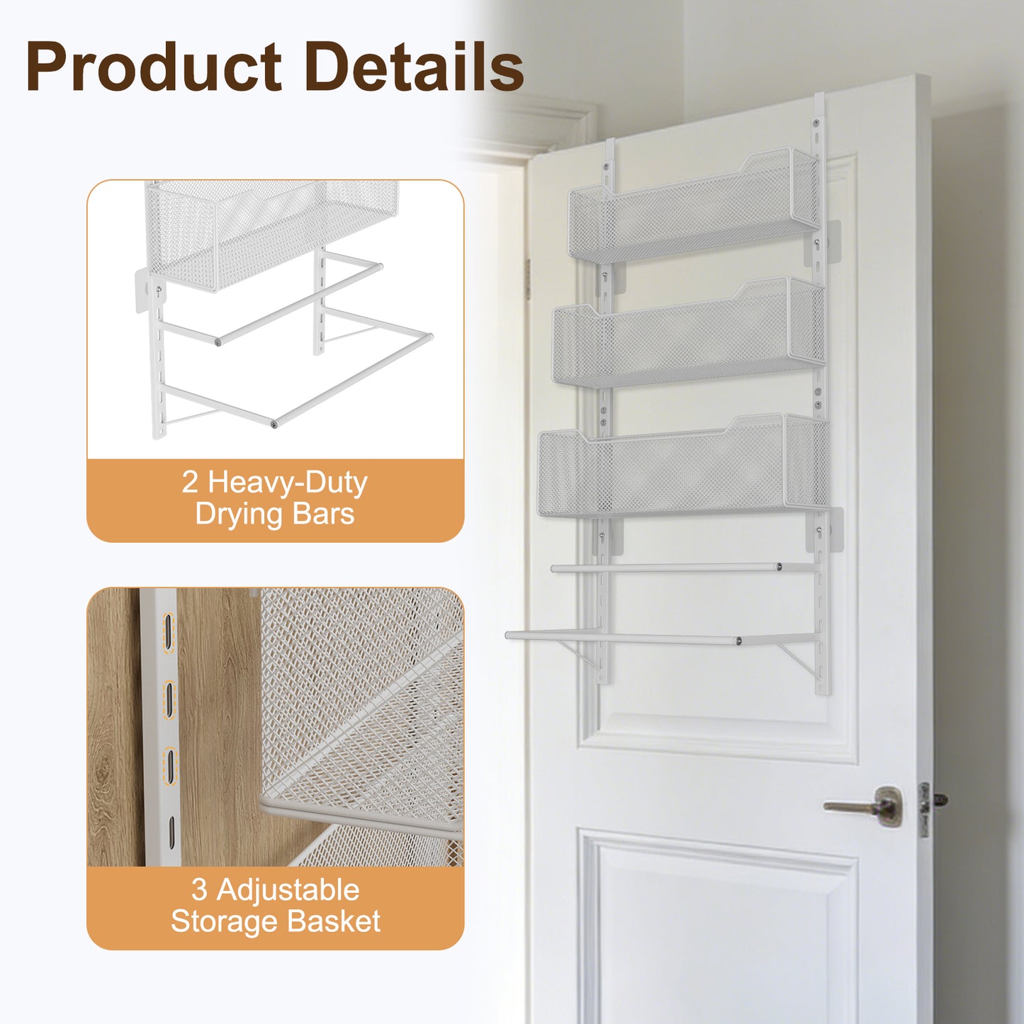 VyGrow Over The Door Clothes Hanging Rod with 3 Tier Mesh Baskets, Metal Over The Door Hanger for Coat, Clothes Drying Rack for Door for Laundry Bathroom Bedroom Office, White