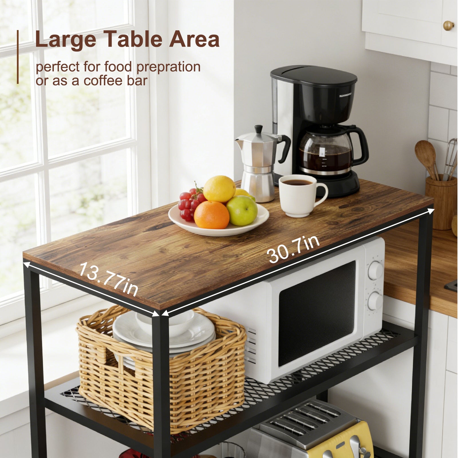 Kitchen Island with 3 Tier Storage, Height-Adjustable Kitchen Shelf, Microwave Stand for Dining, Sturdy Metal Frame, 30.7