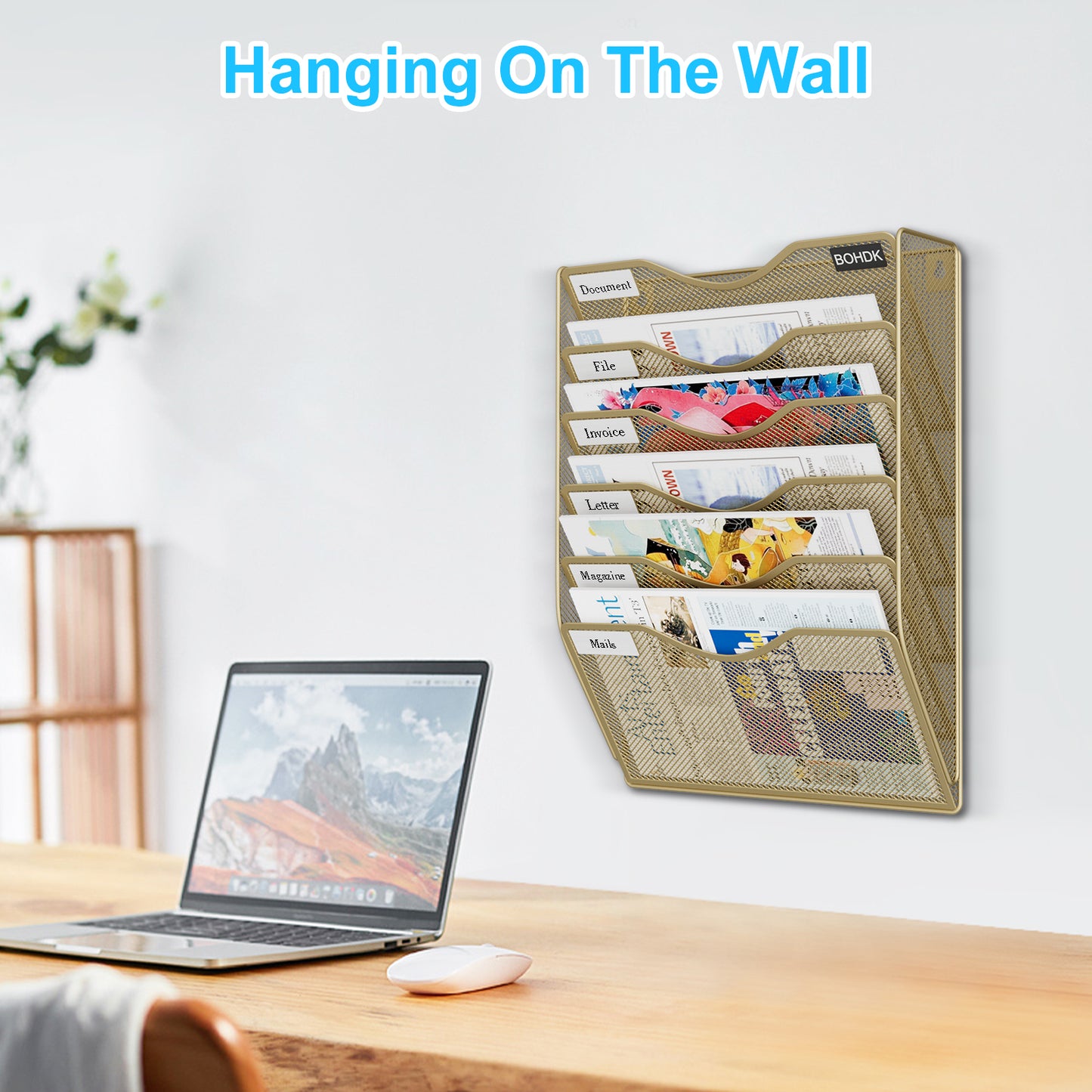 Wall File Organizer, Hanging File Folder Mail Organizer, Vertical Mesh Metal Door/Wall Mount Hanging File Holder, Paper Document Magazine Rack with Hooks for Home Office (6 Tier Gold)