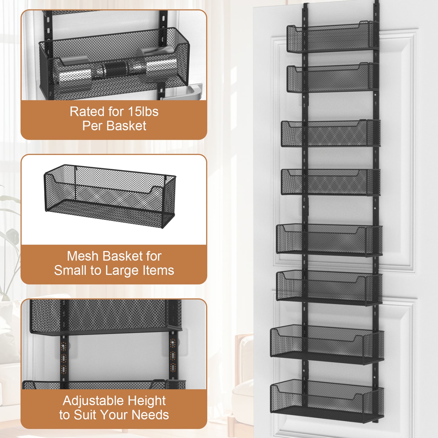 VyGrow Over The Door Organizer, 8-tier Metal Door Organizer Hanging with Adjustable Baskets, Behind The Door Storage for Bedroom Closet Bathroom Pantry Cabinet Kitchen, Black