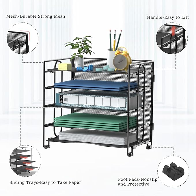 BOHDK Letter Tray Paper Organizer, 5 Tier Desk Organizers Black Mesh Stackable Paper File Holder for Home Office, Document Shelves and Sorter 13.4Lx9Wx12.6H inches