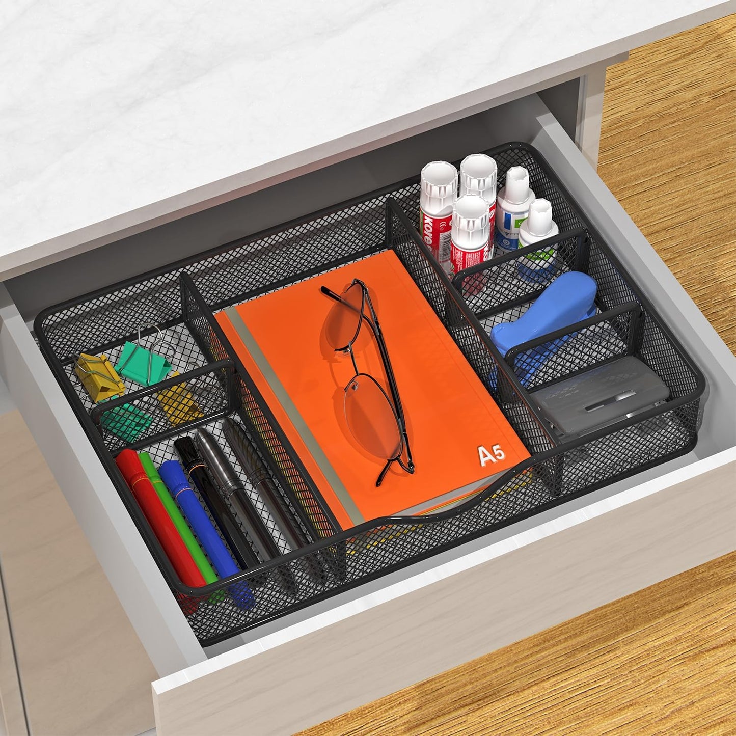 VyGrow Desk Drawer Organizer, Metal Mesh Drawer Organizer Tray with 6 Adjustable Compartment, Tray Organizer for Desktop, Kitchen, Bathroom, Makeup, Vanity - 14.5x8.8x1.96 inch, Black, 1PC Large