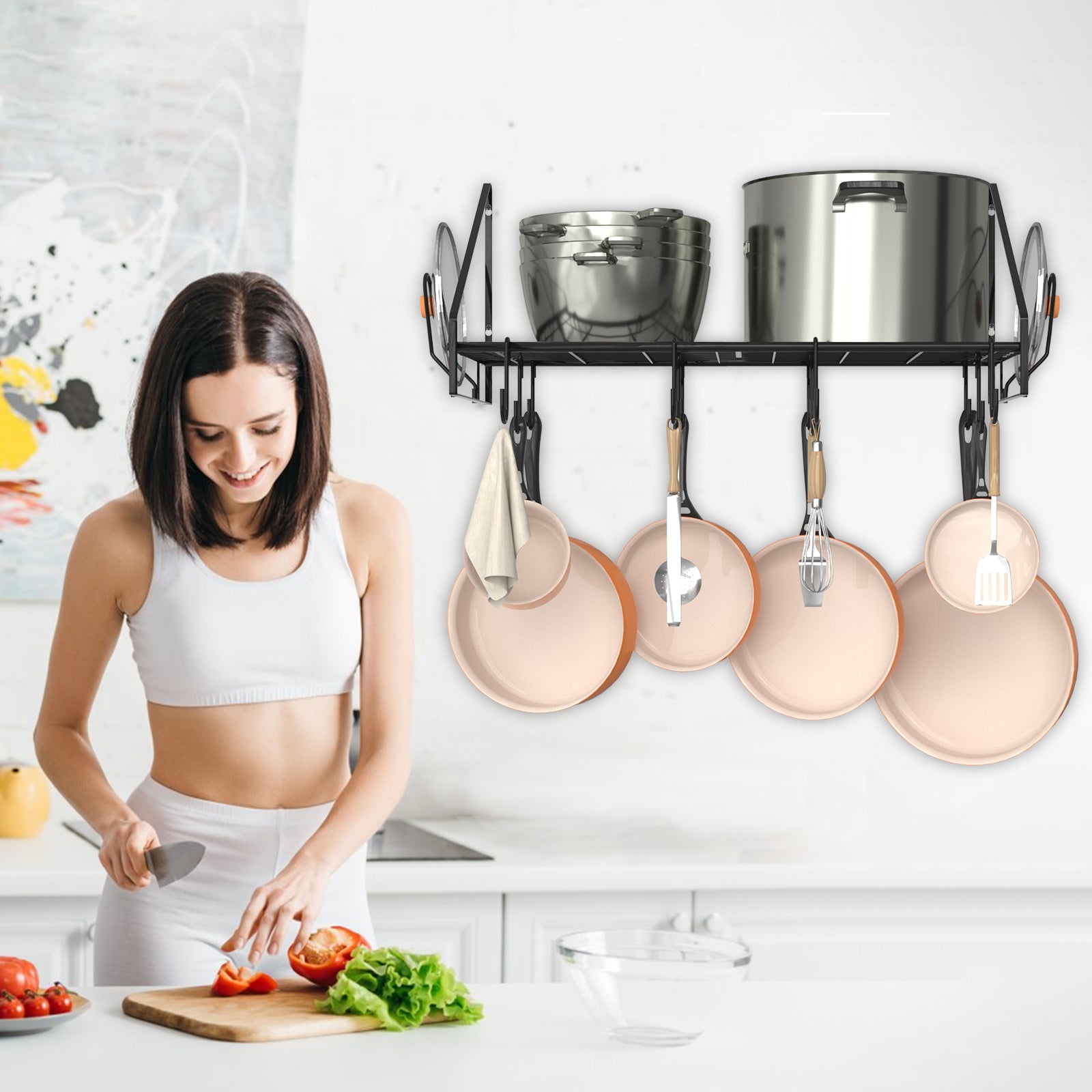 VyGrow 28 Inch Pot Rack Wall Mounted, Pots and Pans Organizer with 12 Hooks and 2 Pot Lid Holders, Heavy Duty Steel Pot and Pan Hanger for Kitchen Cookware Utensils Storage 34.7
