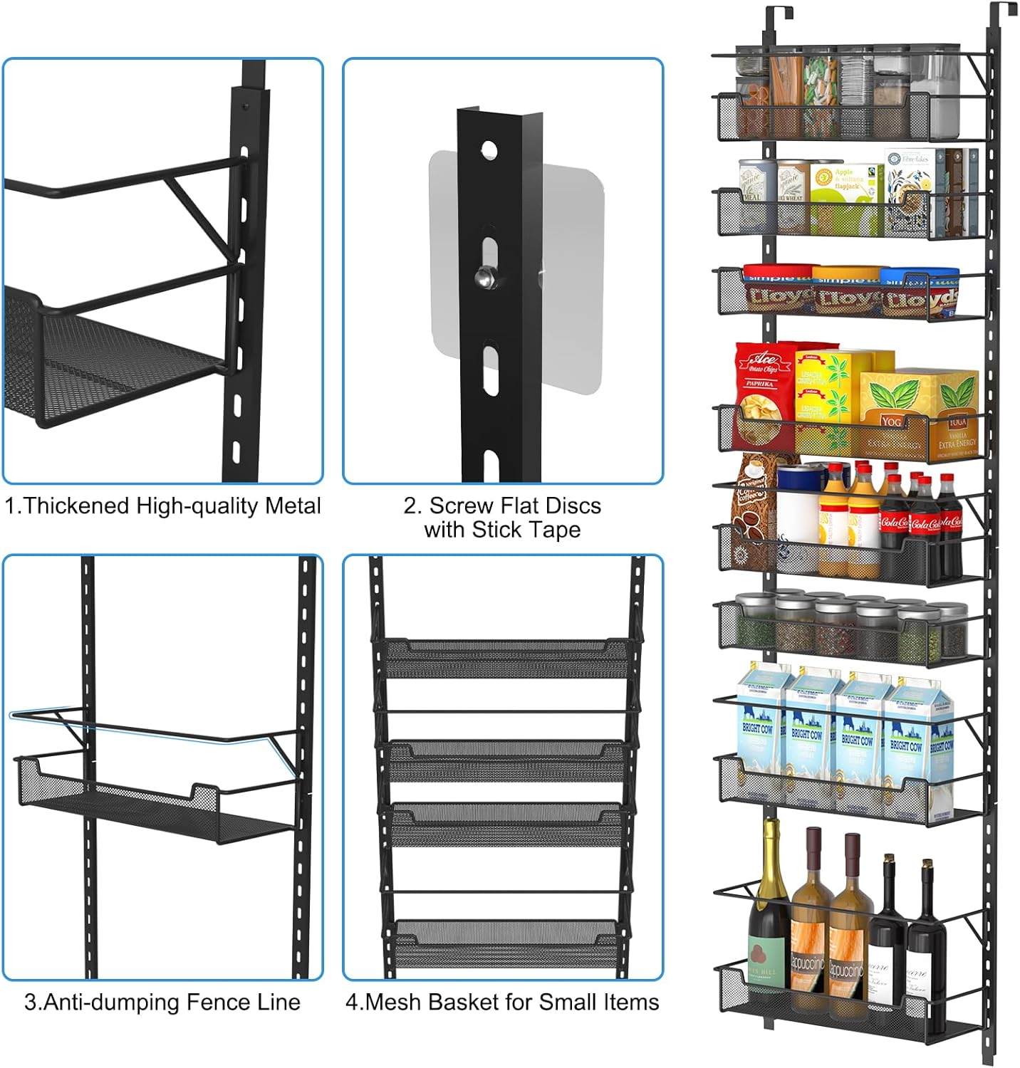VyGrow Over the Door Pantry Organizer, 8-Tier Over the Door Organizer with Adjustable Basket, Pantry Door Organization for Pantry Kitchen Storage Room Spice Rack, Black