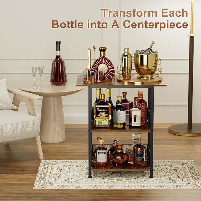 NEYCIL Freestanding Bar for Whiskey, 3-Tier Bar Cabinets Mini Bar Wine Table Whiskey Liquor Bottle Display Stand, Corner Cabinet for Kitchen, Dining Room, Living Room, Black