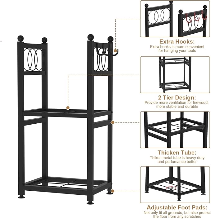 VyGrow Firewood Rack for Indoor Outdoor, 2-Tier Firewood Holder with 3 Hanging Hooks, Heavy Duty Wood Rack for Fireplace, Outdoor Patio, Fire Pit, Black