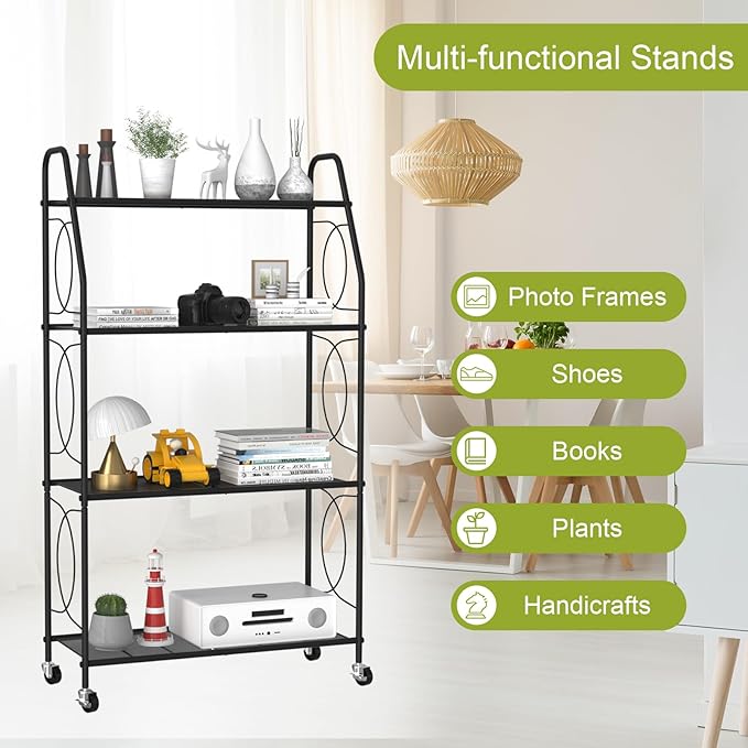 VyGrow 4 Tier Plant Stand with Wheels, Plant Shelf for Indoor Outdoor, Heavy Duty Metal Tall Plant Stands Holder Rack for Living Room Balcony and Garden, Black