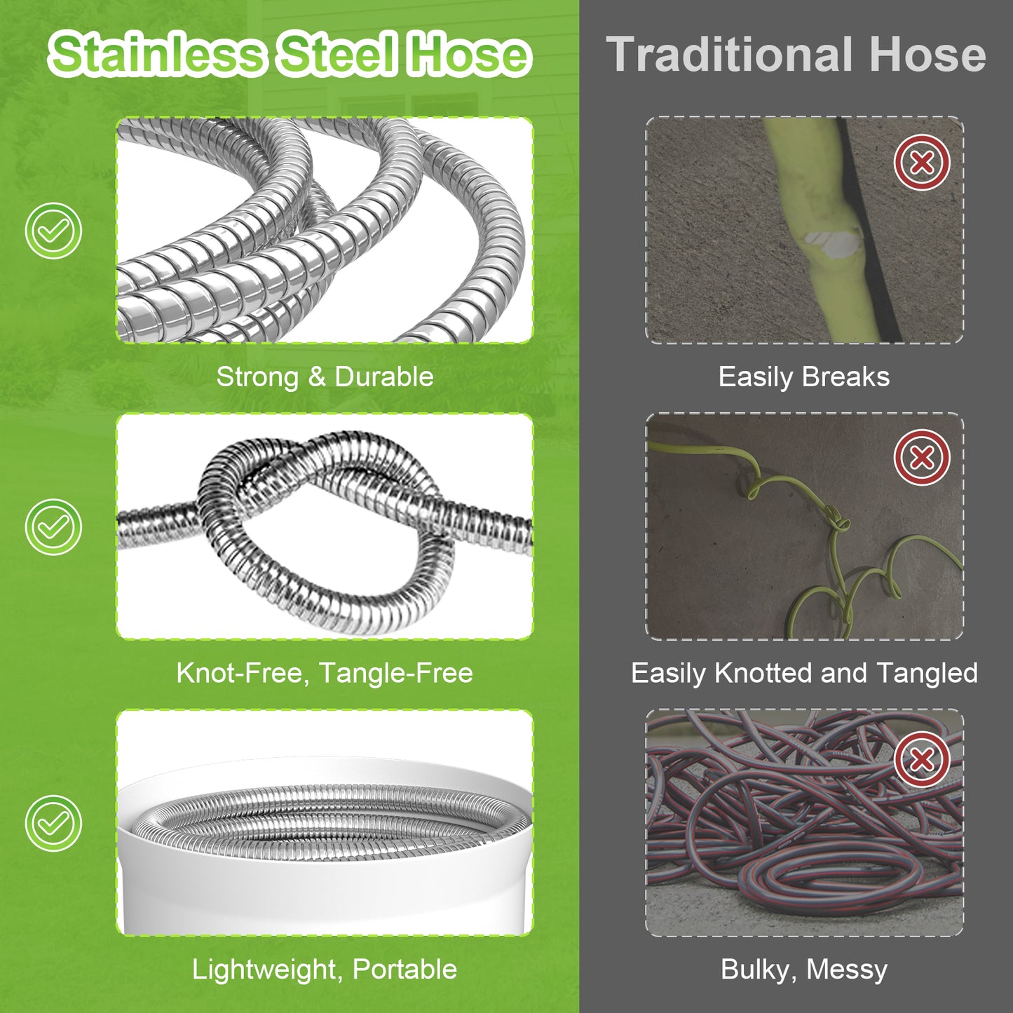 Stainless Steel Garden Hose 100ft, Heavy-Duty Water Hose with 10 Function Nozzle, Puncture Proof, No-Tangle, No-Kink, Garden Hose for Yards, Car Washing & Outdoor Cleaning