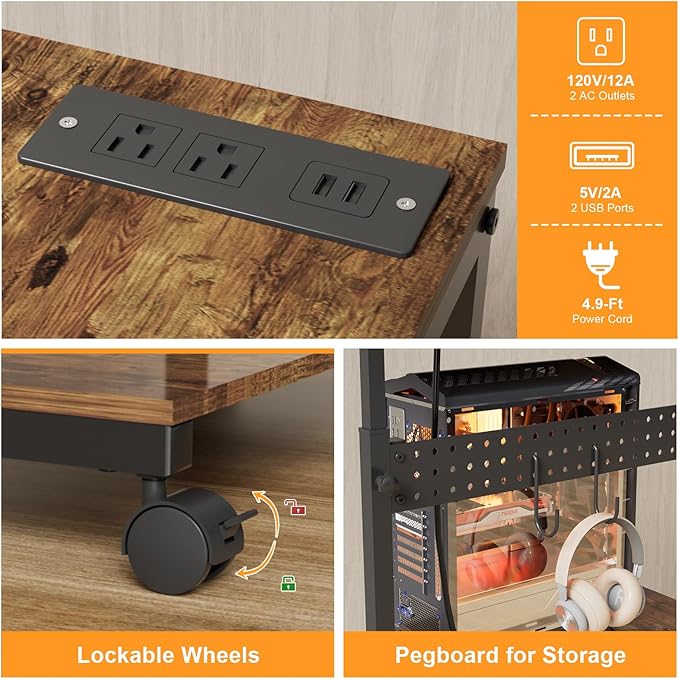 NEYCIL Computer Tower Stand with Charging Station, Height Adjustable 2-Tier CPU Stand with Power Strip and USB Ports, PC Tower Cart with Wheels and Printer Shelf, Rustic Brown and Black