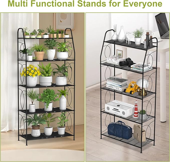 VyGrow 5 Tier Plant Stand Indoor Outdoor, Heavy Duty Plant Shelf, Metal Mesh Tall Plant Stands Holder Rack for Living Room Balcony and Garden, Black