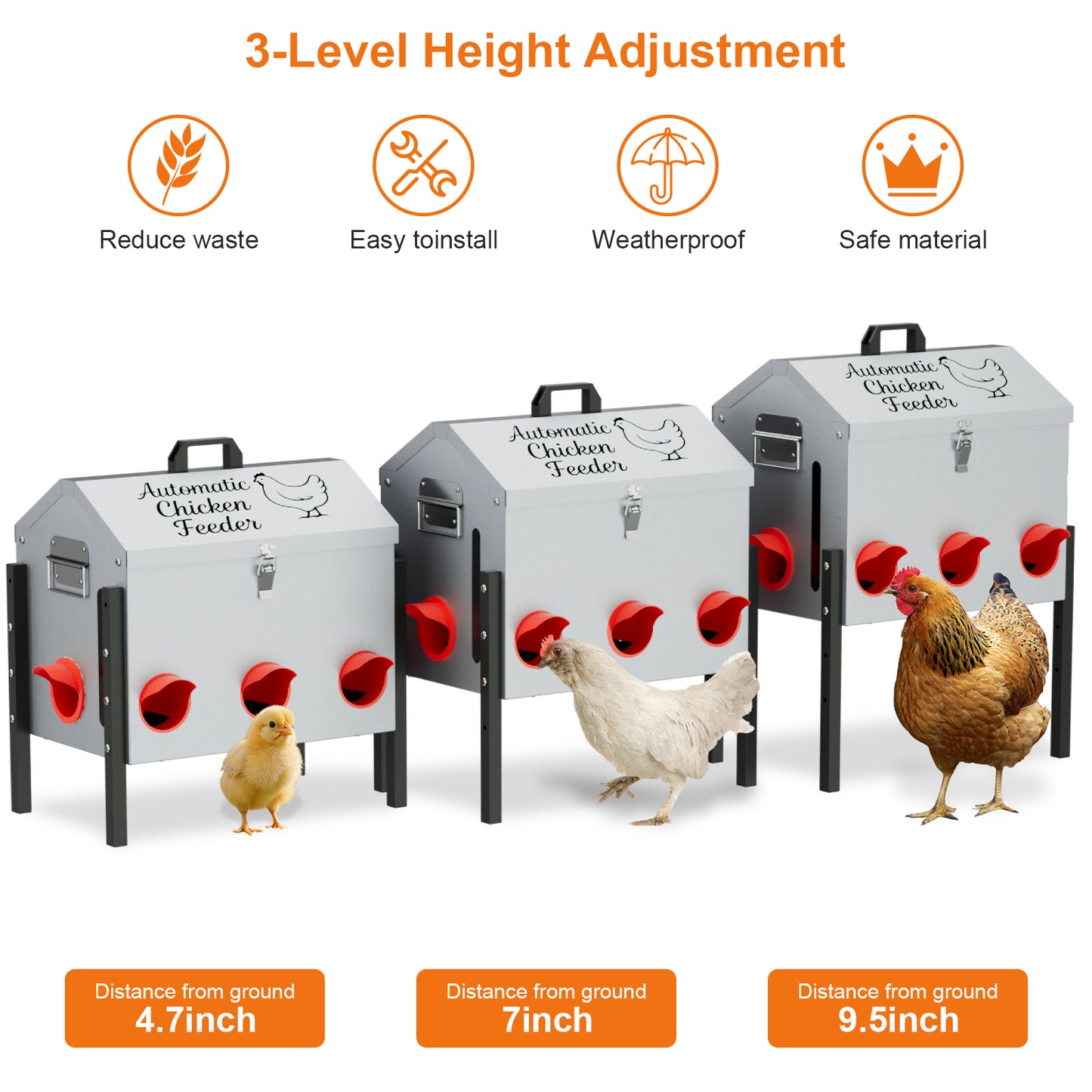 50LB Automatic Chicken Feeder, Metal Chicken Feeder with Window, No-Waste Poultry Feeder with 8 Feeding Ports, Adjustable Height, Locking Lid & Weatherproof Design for Outdoor Coop