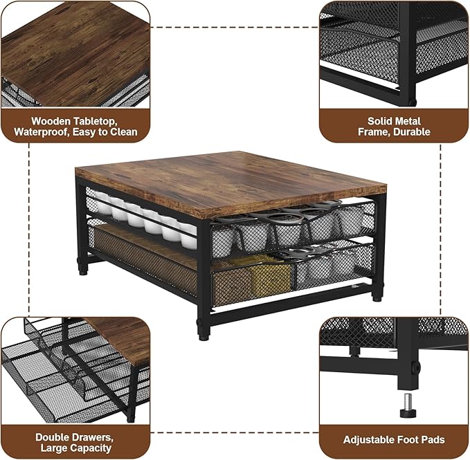 VyGrow Coffee Pod Holder For Counter, Wooden K Cup Holder with Sliding Drawer, Large Capacity Coffee Pod Storage for Coffee Station, Home, Office, Kitchen