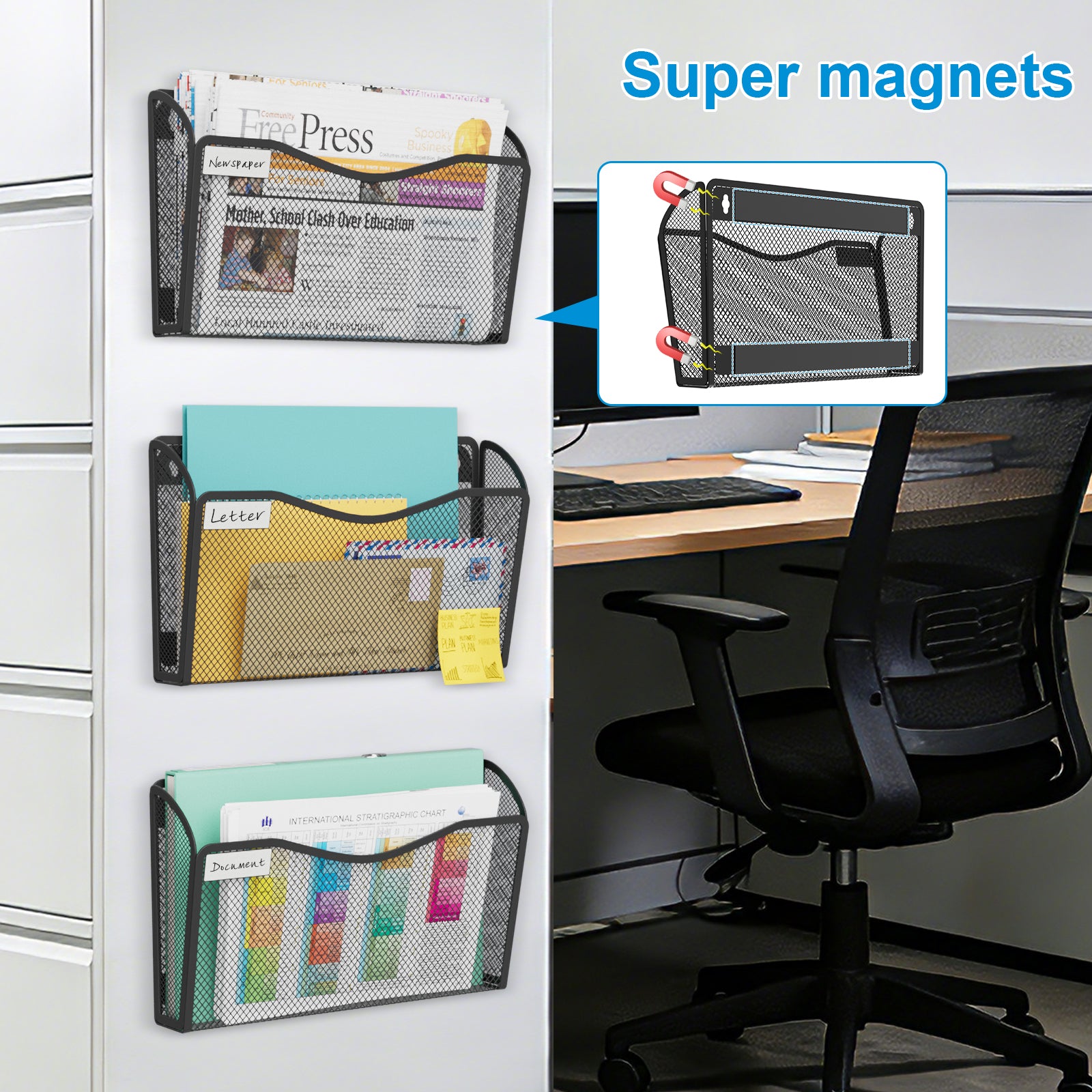 BOHDK Wall File Organizer, Mesh Hanging File Organizer, Home Office Organization and Storage, 3 Single Pockets Document Magazine Rack