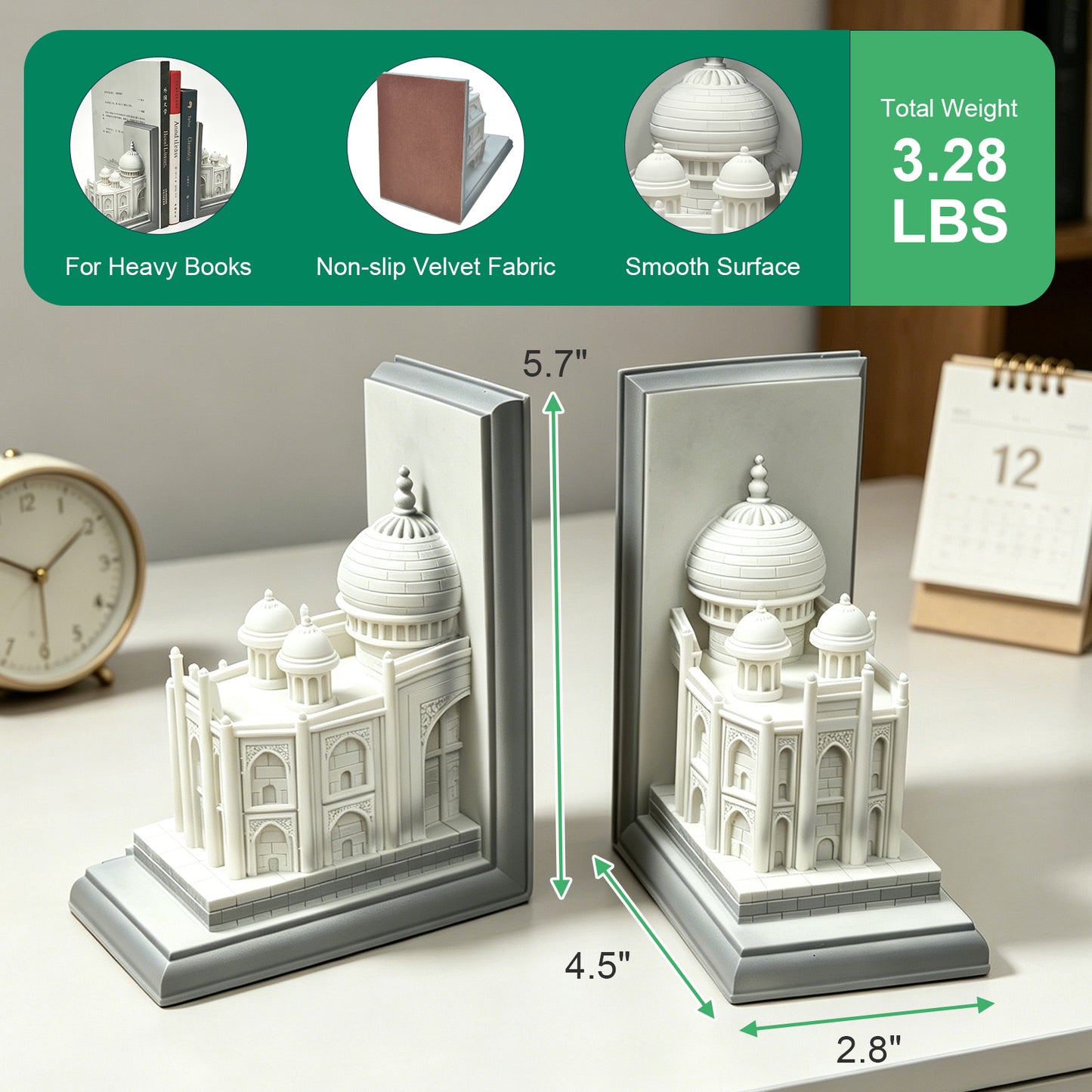 Book Ends for Shelves, Heavy Duty Decorative Bookends, Non-Skid Castle Design Book Holder for Heavy Books/CDs, Modern Aesthetic Resin Shelf Decor, Book Stopper for Home Office, Set of 2, White