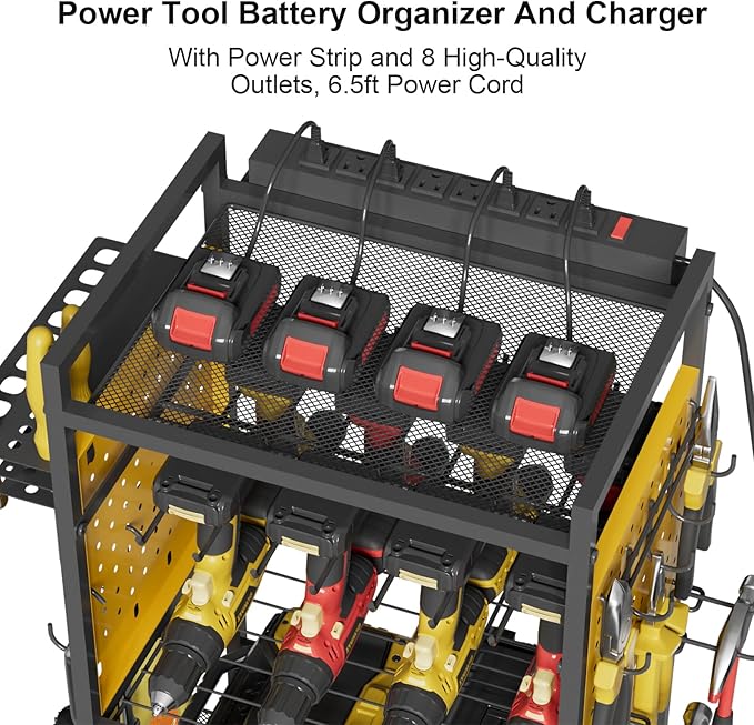 NEYCIL Power Tool Organizer Cart with Charging Station, Heavy Duty Garage Tool Organizer Rolling Tool Battery Storage with 8-Outlet Power Strip, 4 Wheels, 2 Hanging Baskets, 8 Hooks, Drill Bit Holder, Yellow