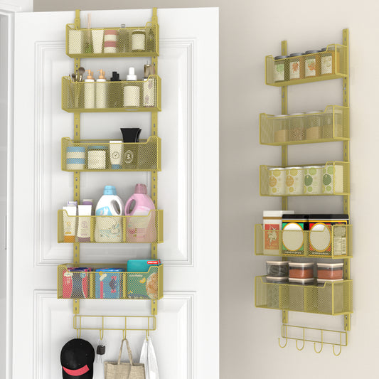 VyGrow Over The Door Organizer, Metal Door Organizer Hanging with 5 Adjustable Baskets and Coat Hook, Behind The Door Storage for Bedroom Closet Bathroom Pantry Cabinet Kitchen, Gold