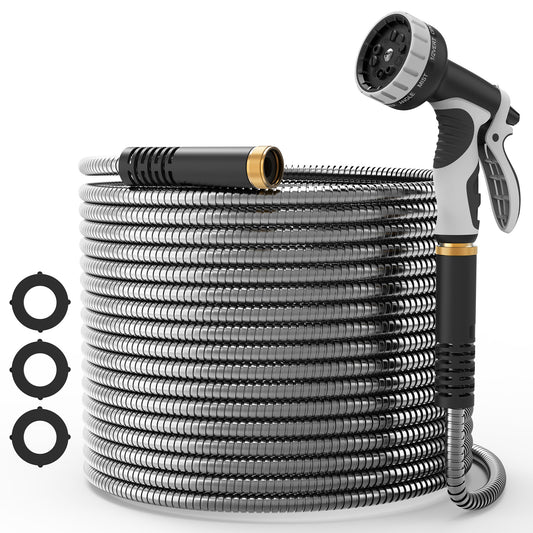 Stainless Steel Garden Hose 25ft, Heavy-Duty Water Hose with 10 Function Nozzle, Puncture Proof, No-Tangle, No-Kink, Garden Hose for Yards, Car Washing & Outdoor Cleaning
