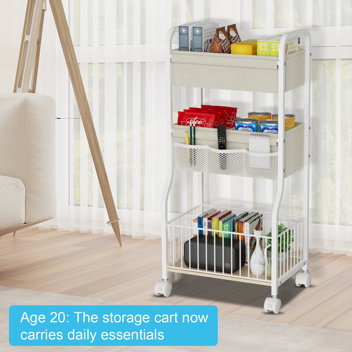 3-tier Baby Diaper Caddy Organizer and Storage Cart with 4+3 Dividers, Metal Utility Cart with Lockable Wheels for Nursery, Bedroom, Bathroom, White